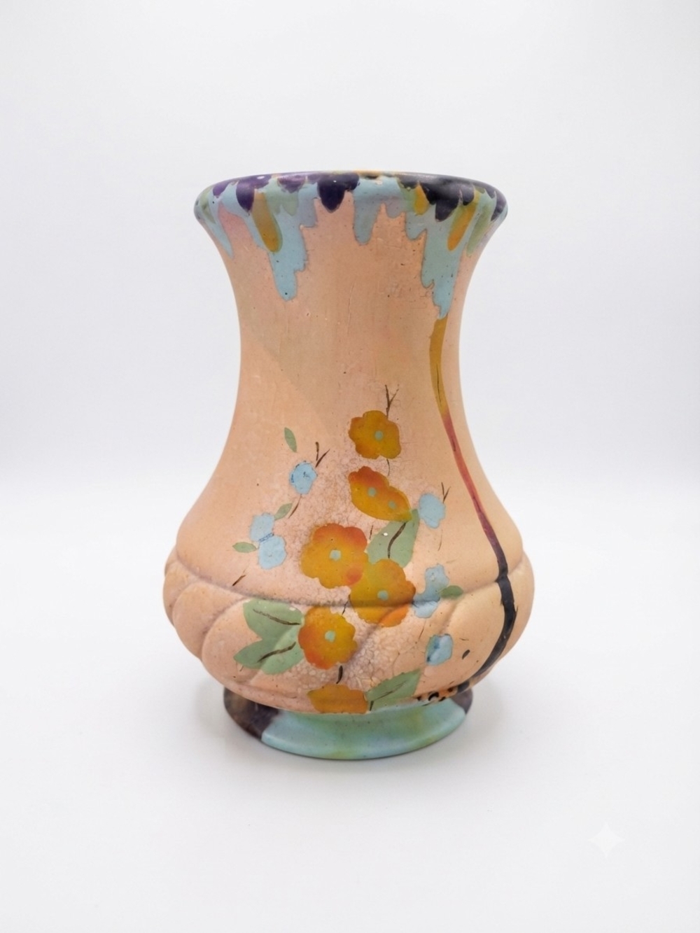 Vintage J.P. Bowden England Art Pottery Vase Hand Painted Floral  Drip Glaze